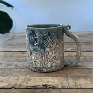 Studio Art Pottery Mug 4" Textured Spiral and Glaze Drip Design Signed